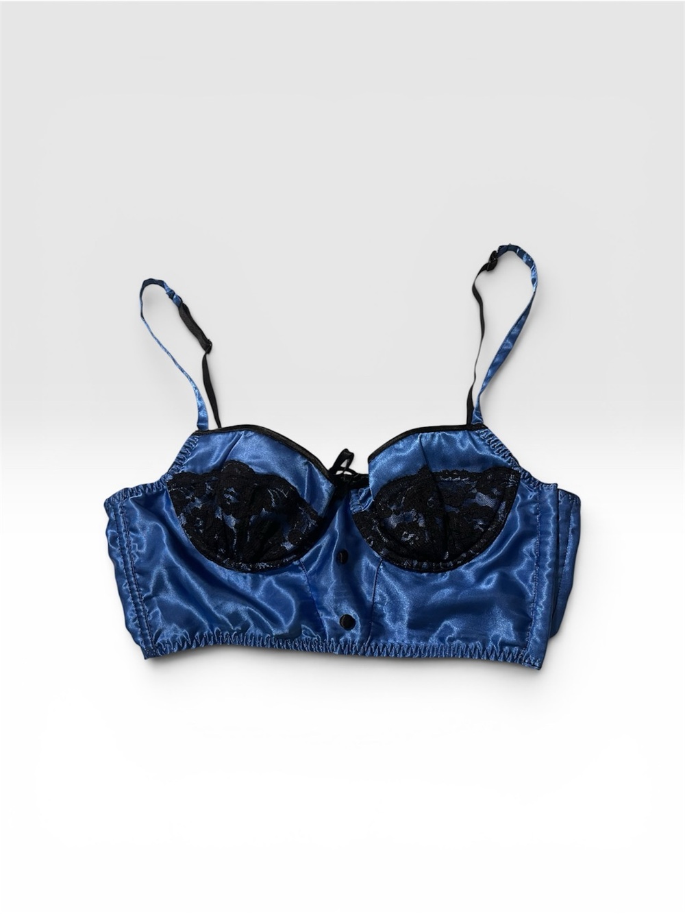 Frederick's of Hollywood Blue Satin and Black Lace Longline Bralette